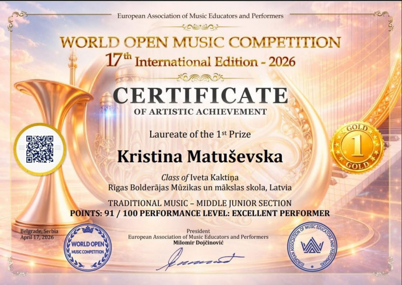Starptautiskā konkursā "World open music competition 17th Internacional Edition - 2026" iegūta 1.vieta